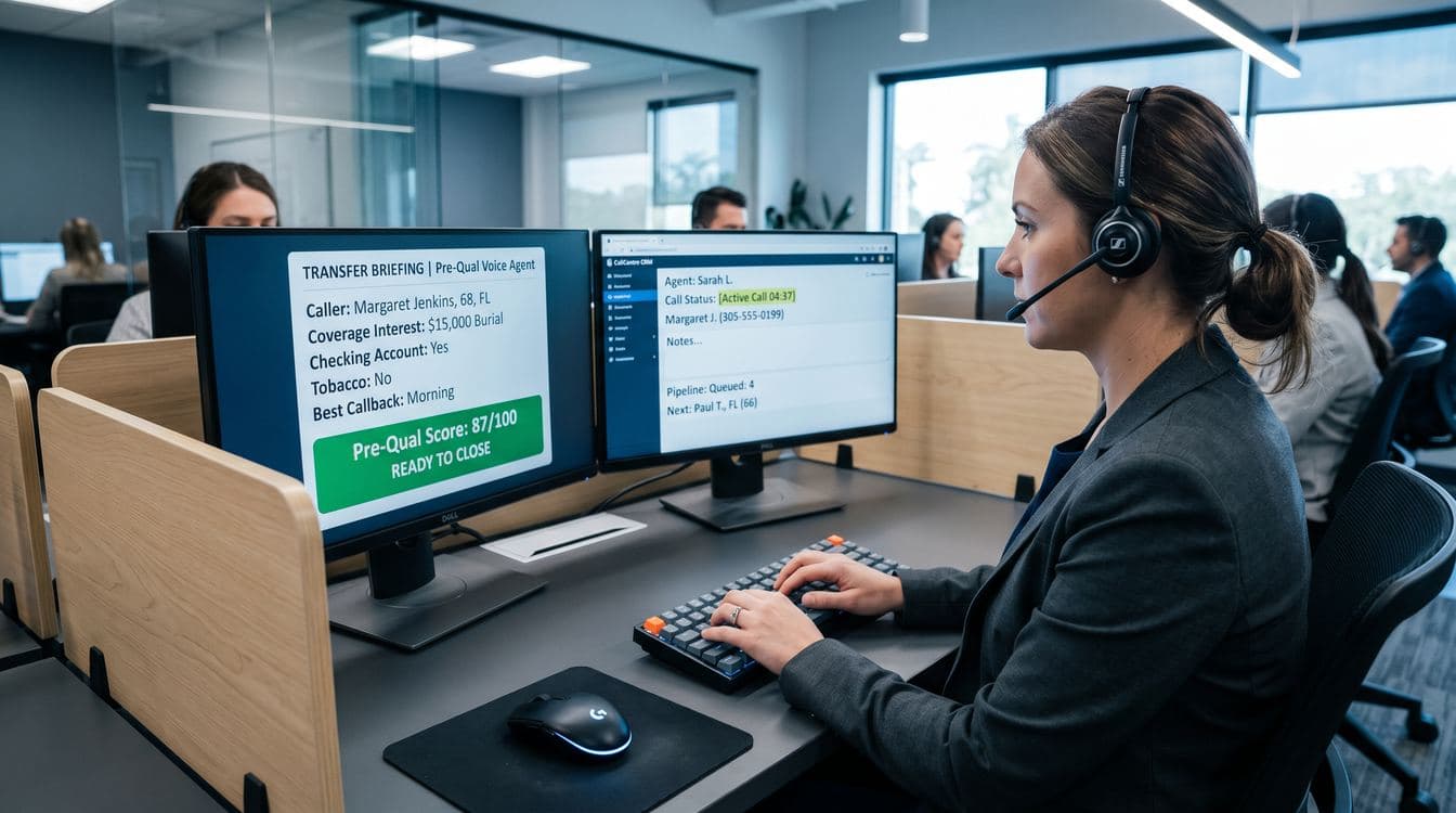 Licensed final expense call center closer at a dual-monitor workstation reviewing a warm-transfer briefing card showing pre-qualification score and caller eligibility details