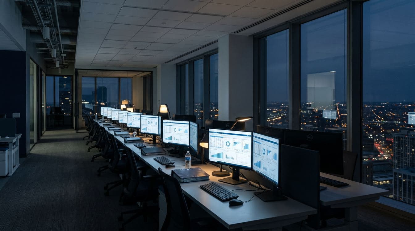 Aerial view of a mid-market controller's modern open finance department at night during the quarterly close, multiple monitors displaying consolidated P&L data, cool blue-grey palette, sharp focus, editorial photojournalism register