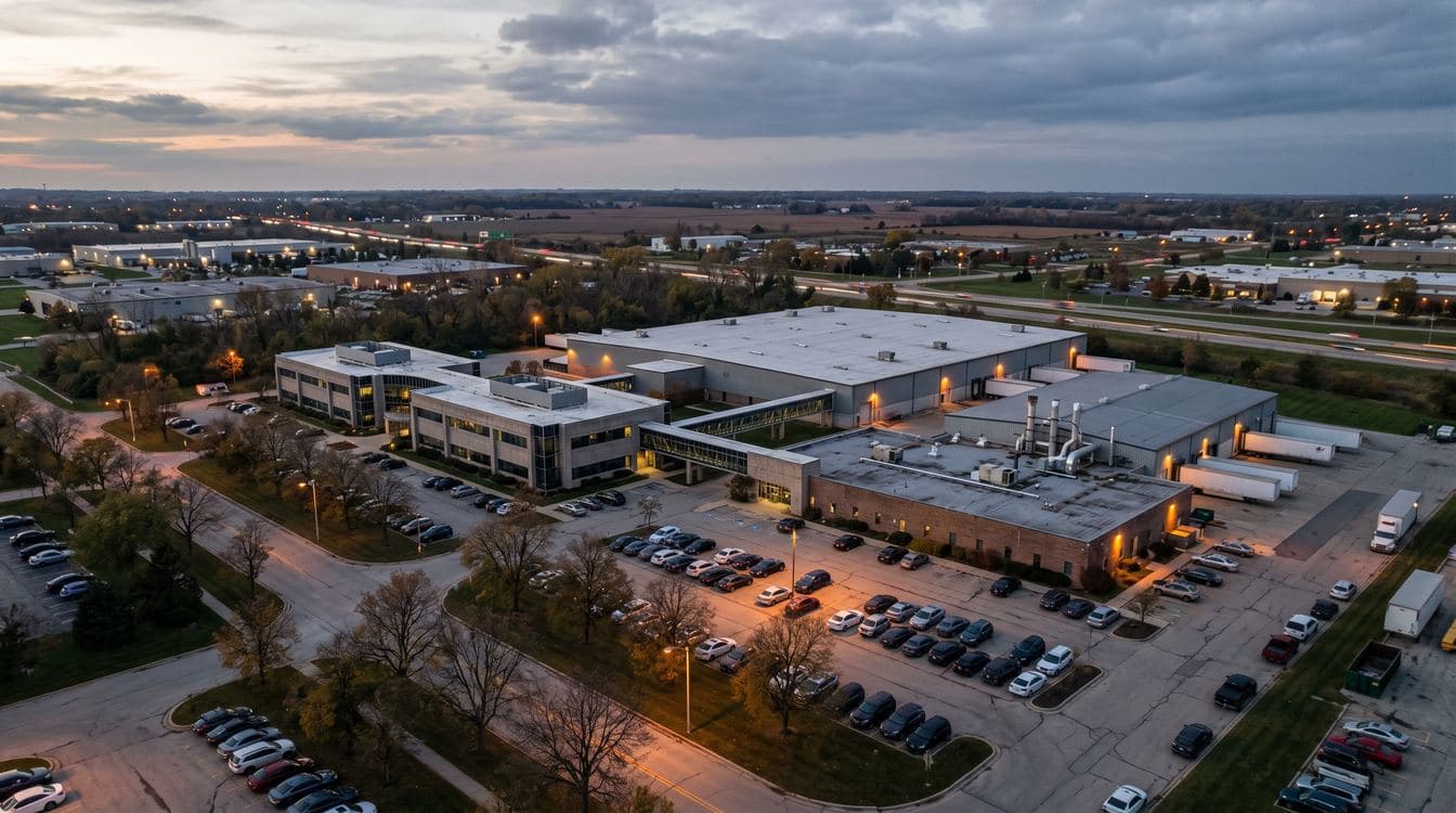 Aerial dusk view of a mid-market industrial campus with multiple connected office and warehouse buildings, cool blue-grey palette, low cloud cover
