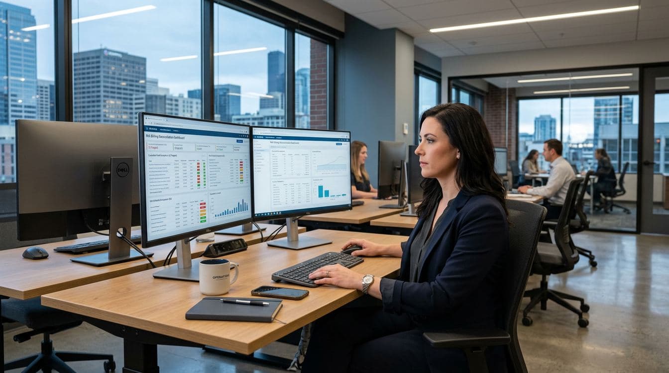 Operations lead at a mid-market RIA reviewing a multi-monitor reconciliation dashboard with custodian feed exceptions and CRM fee schedule comparisons