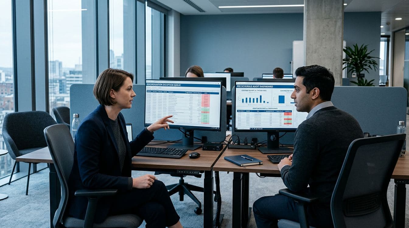 Two operations associates at a mid-market RIA reviewing portfolio accounting reconciliation exceptions and fee schedule audit dashboards on adjacent monitors