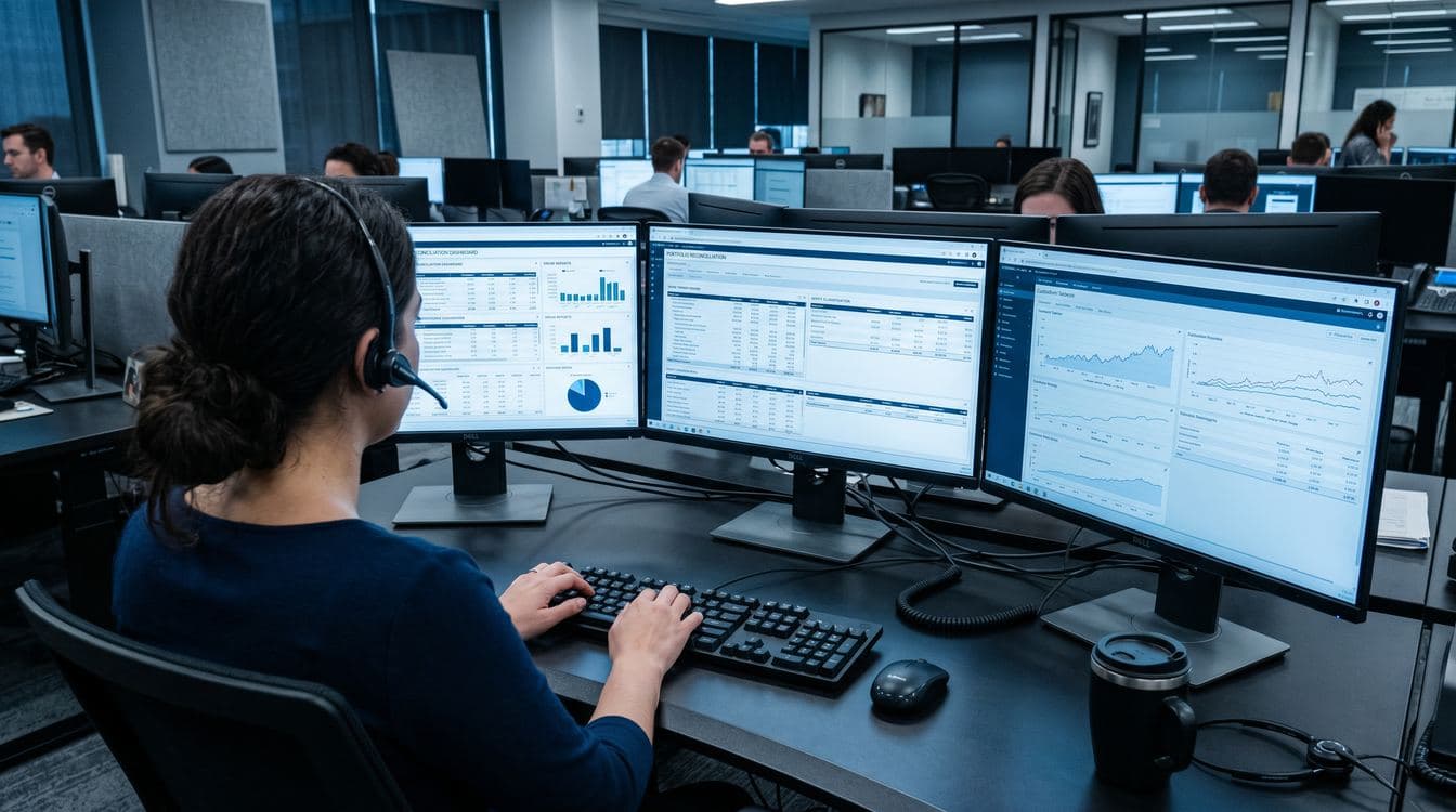 Over-the-shoulder view of an RIA back-office operations workstation with multiple monitors displaying portfolio reconciliation data and custodian dashboards, the daily reality of post-acquisition integration work
