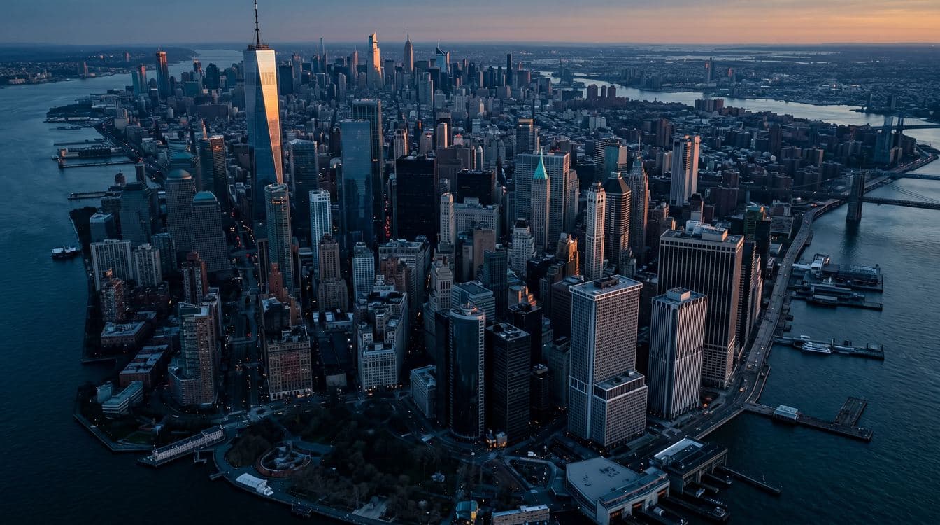 Aerial view of a Manhattan financial district at dawn showing dense skyscrapers and the East River, the corporate ecosystem where RIA roll-up deals close