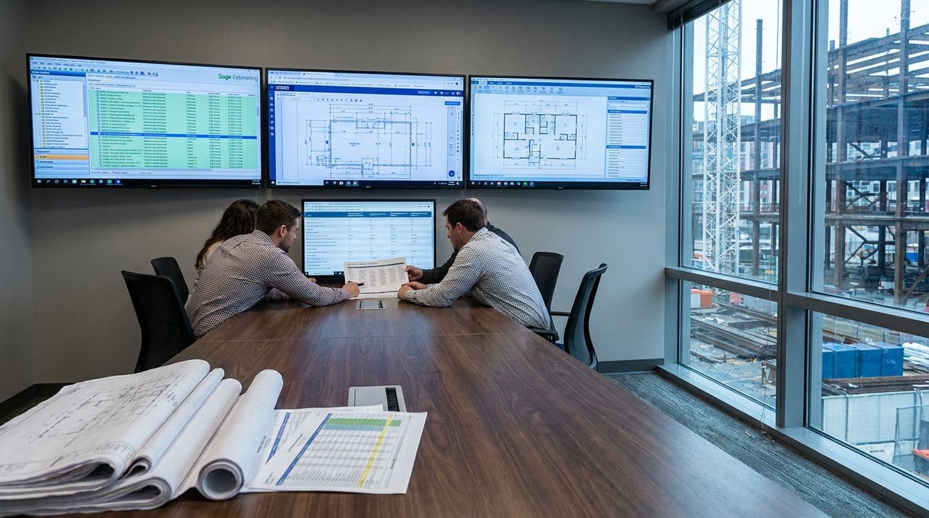 Bid review session at a mid-market commercial general contractor showing three estimators around a large monitor displaying a side-by-side platform demo, with printed bid drawings stacked on a conference table and a wall-mounted budget summary visible behind them