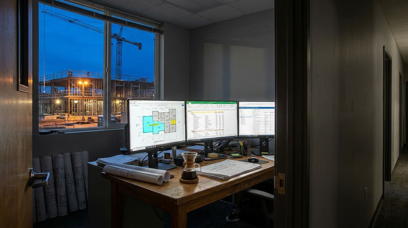 Estimator workstation at a mid-market general contractor at dusk, three monitors showing a digital PDF takeoff, a cost rollup spreadsheet, and an assembly database, with a commercial construction site visible through the office window