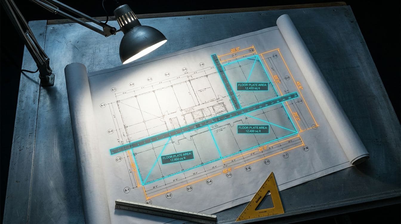 Macro close-up of a printed commercial construction plan with calibrated digital takeoff measurements overlaid, showing area calculations for floor assemblies and a digital scale ruler positioned along a column grid line