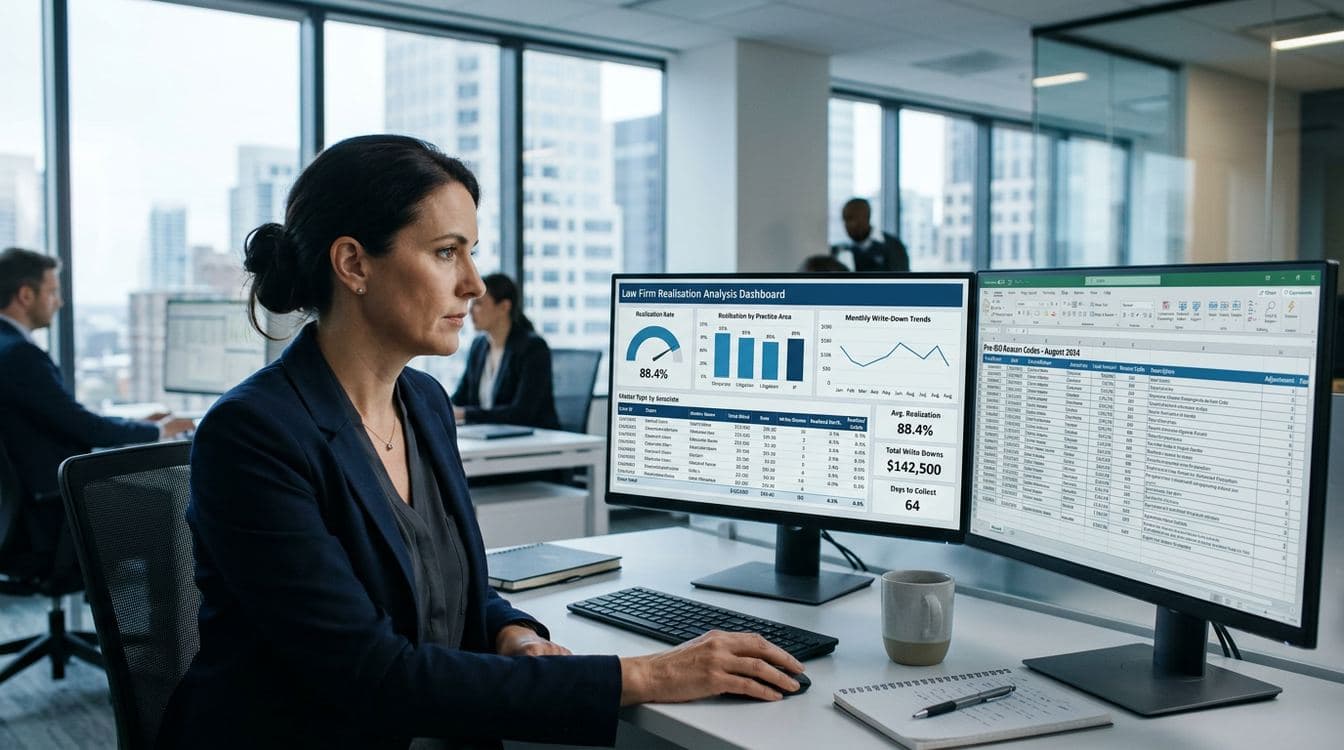 Law firm operations team analyzing realization variance by matter type and associate on a dashboard with cool morning light
