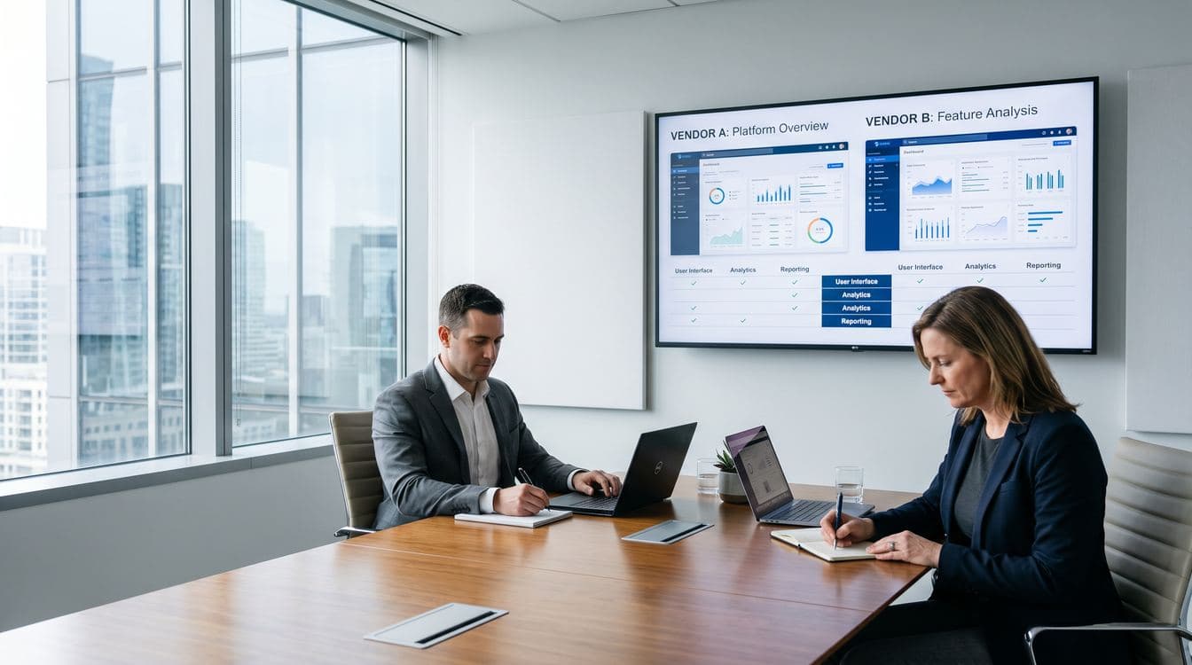 FSM platform evaluation desk with software comparison matrix on dual monitors