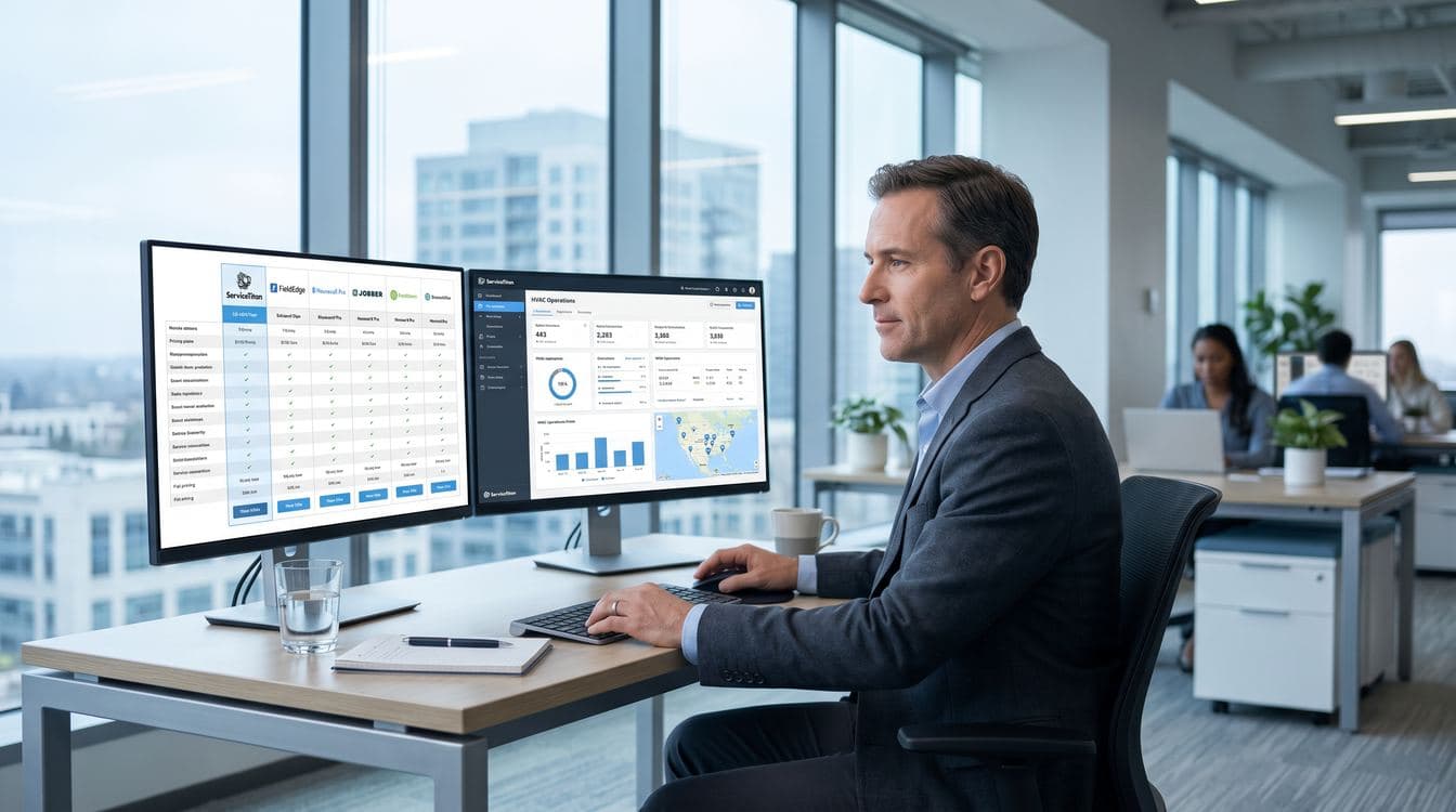 IT director comparing FSM platforms on dual monitors with HVAC vendor comparison matrix and dispatch software pricing breakdown