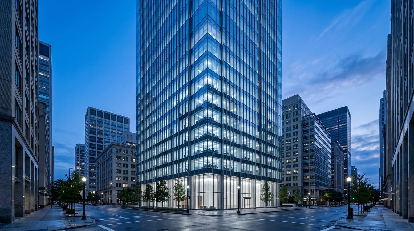 Modern specialty finance office tower at dusk reflecting city lights, representing the $1.34T equipment finance and broader specialty finance vertical