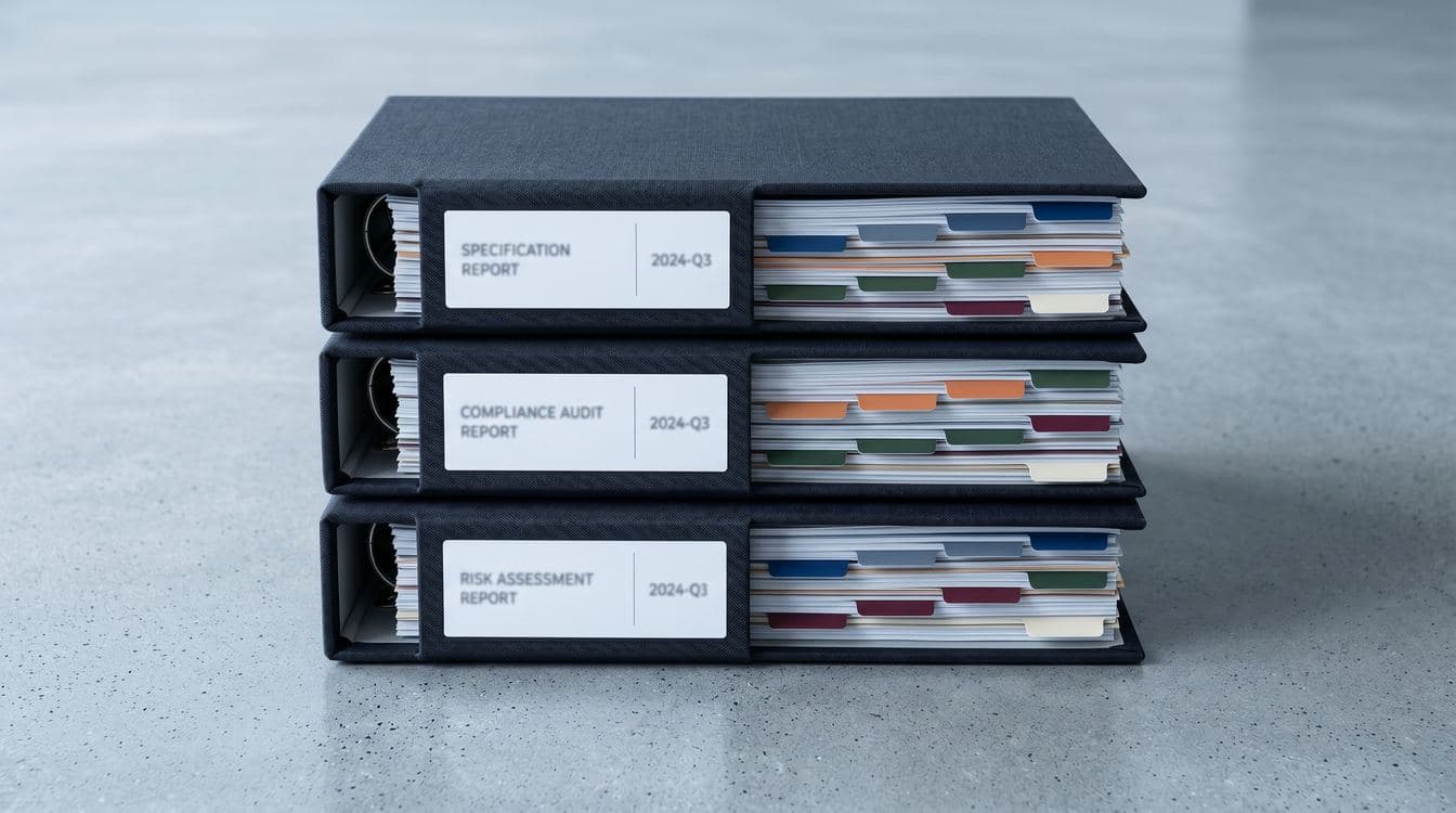 Stacks of organized loan document binders on a clean modern work surface in cool blue-grey lighting, representing the document-heavy compliance workflow that specialty finance AI compresses