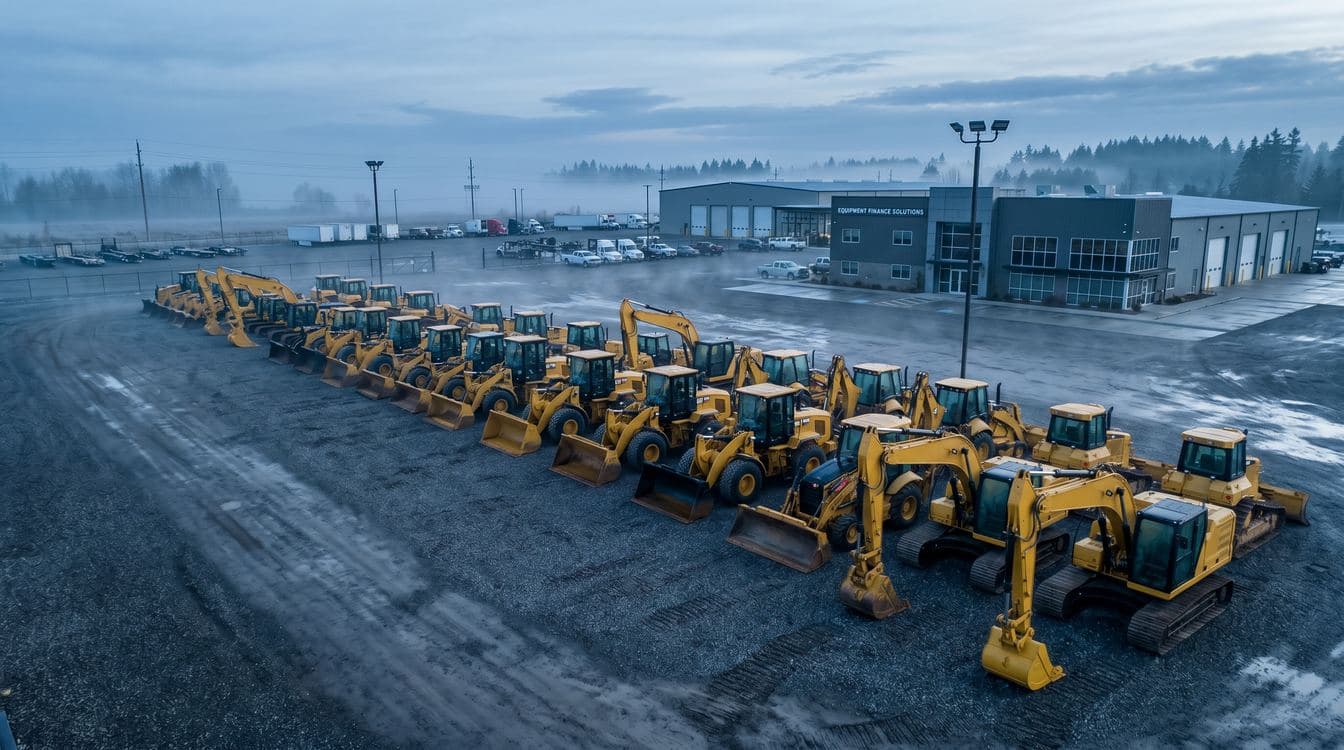 Row of yellow heavy construction equipment lined up at an equipment finance dealer yard at dawn, illustrating the $1.34T equipment finance market that specialty finance AI vendors have not yet targeted