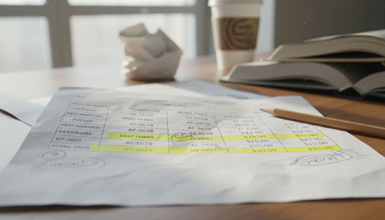SKU variance audit spreadsheet with highlighted price discrepancies across customer accounts