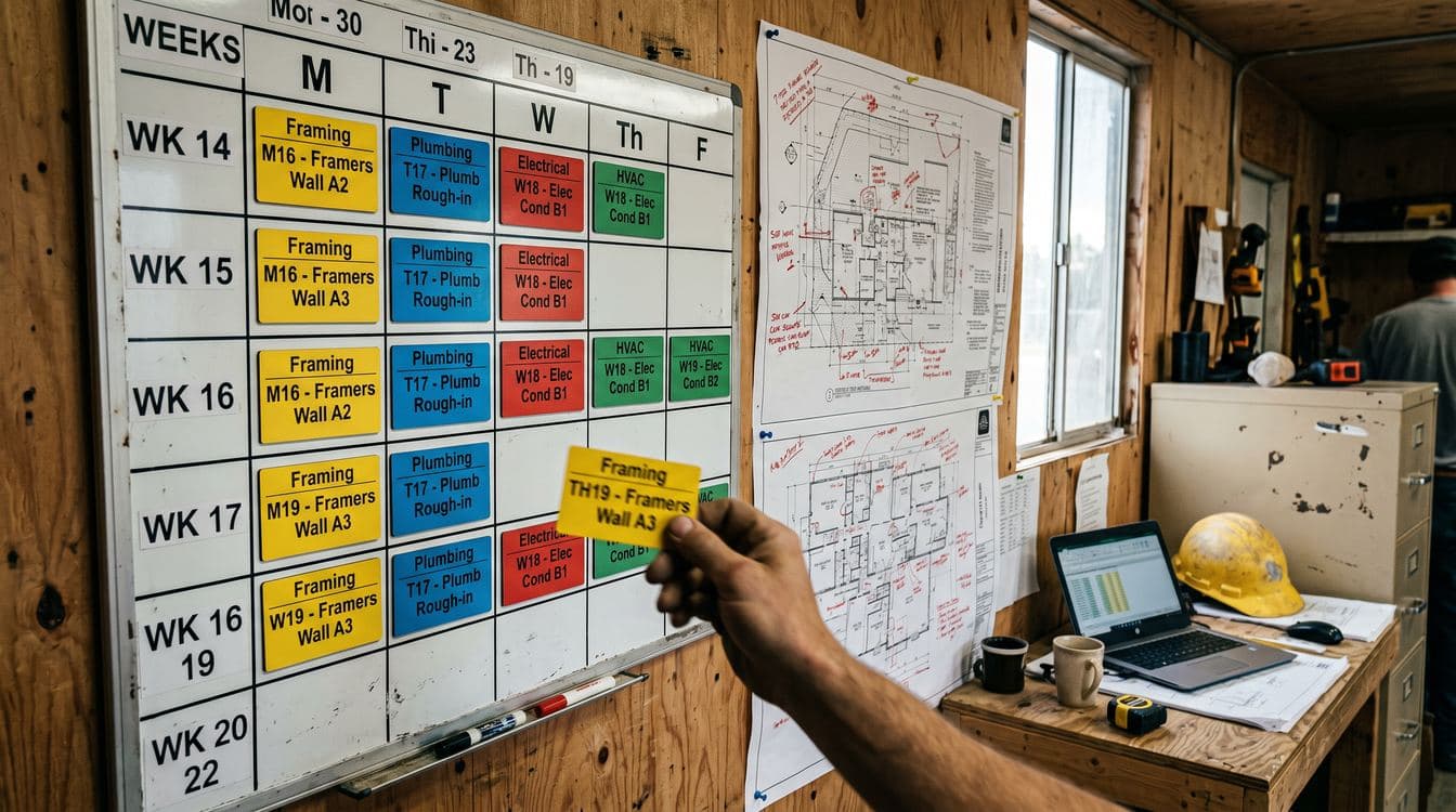General contractor superintendent reviewing a pull-planning wall covered in colored sticky notes by trade with three subs gathered around