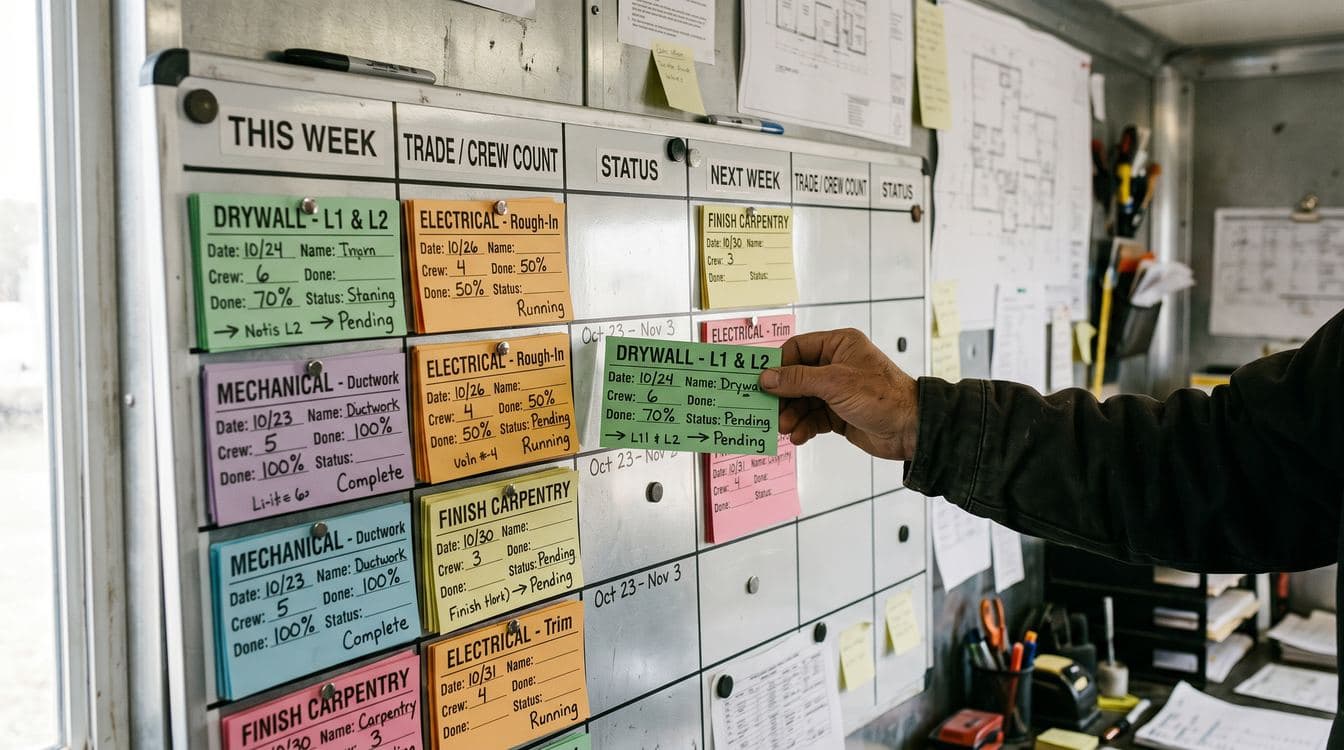 Pull planning board with colored sticky notes organized by trade and week for general contractor sub-contractor coordination