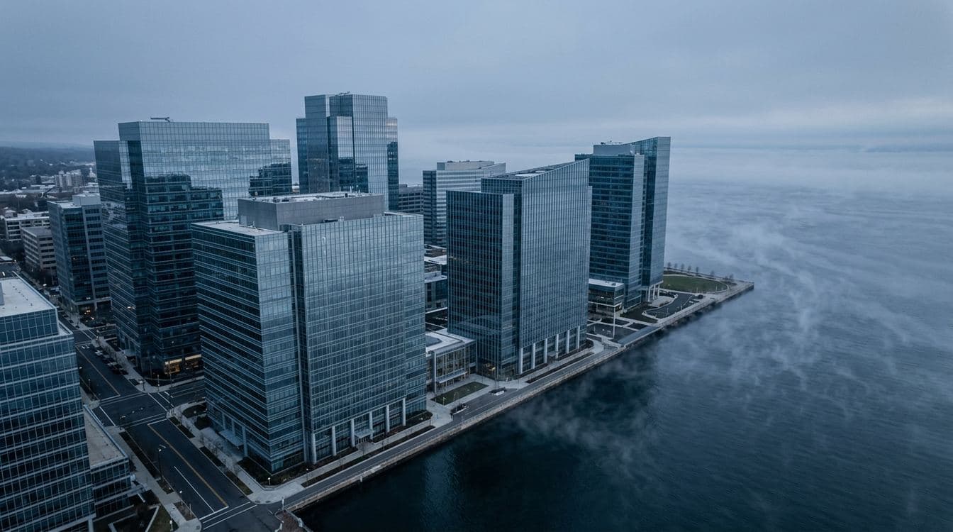 Aerial dawn view of mid-market wealth management corridor in Stamford and Greenwich, with modern glass office buildings overlooking Long Island Sound