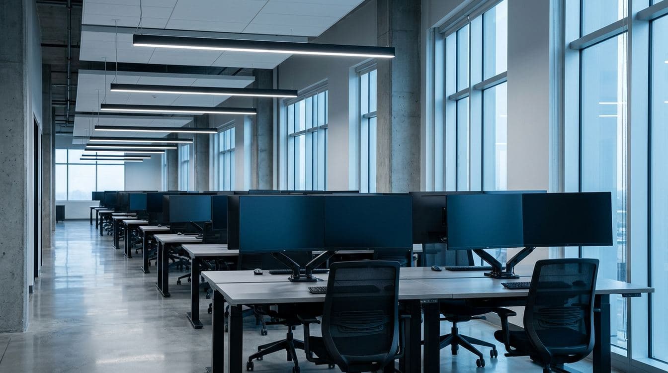 Empty mid-market RIA portfolio operations floor at dawn, with rows of unoccupied workstations and ultra-wide monitors under cool morning light from floor-to-ceiling windows