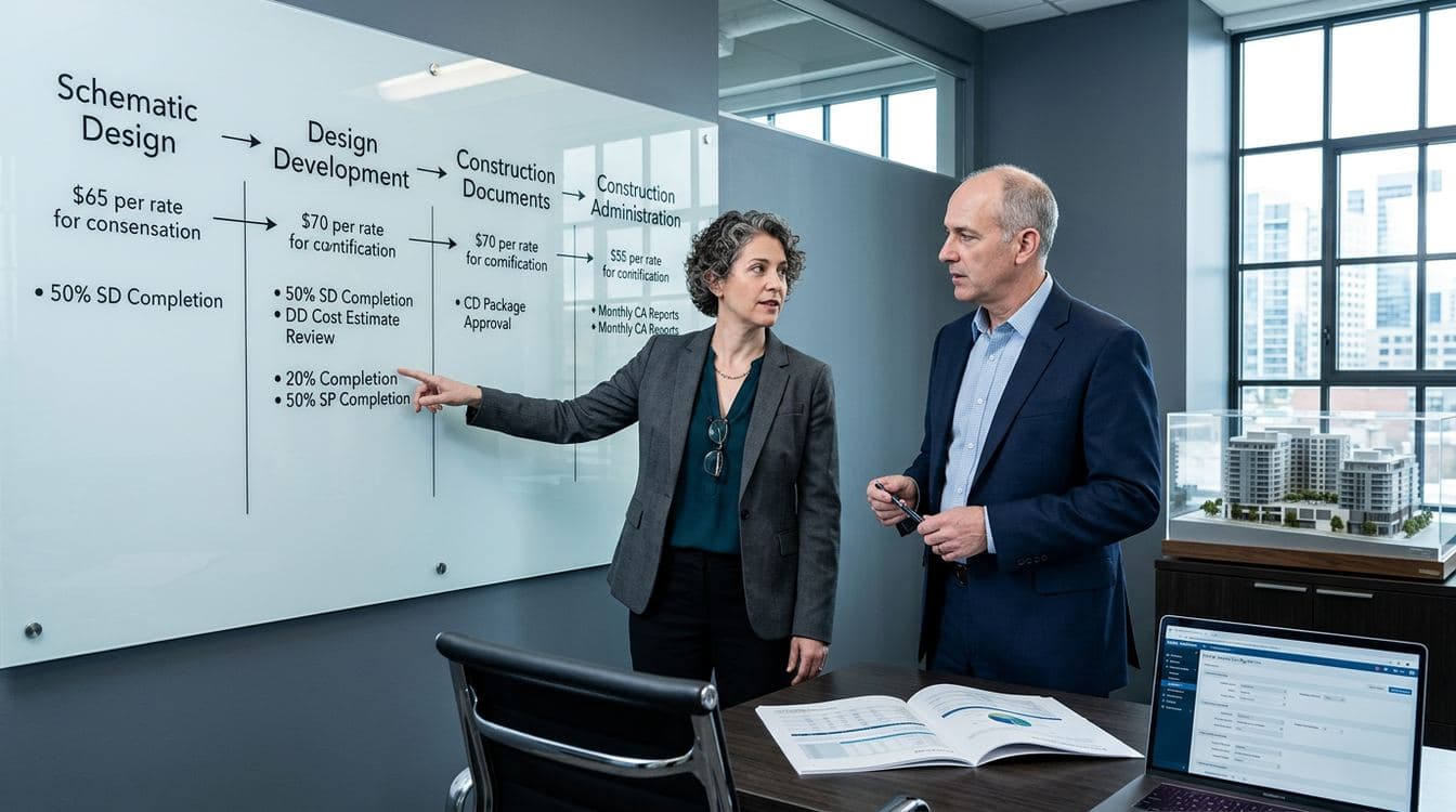 Project manager and controller at a wall-mounted whiteboard mapping a work breakdown structure onto billing phases at an engineering firm, with a printed proposal and a Vantagepoint billing terms screen visible
