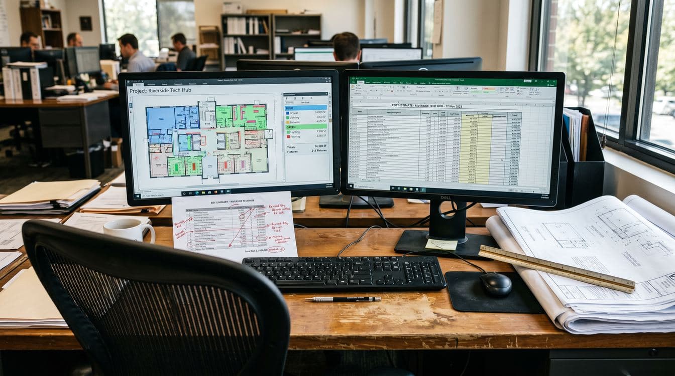 Senior estimator and junior hire reviewing a takeoff on a dual-monitor workstation in a contractor's office
