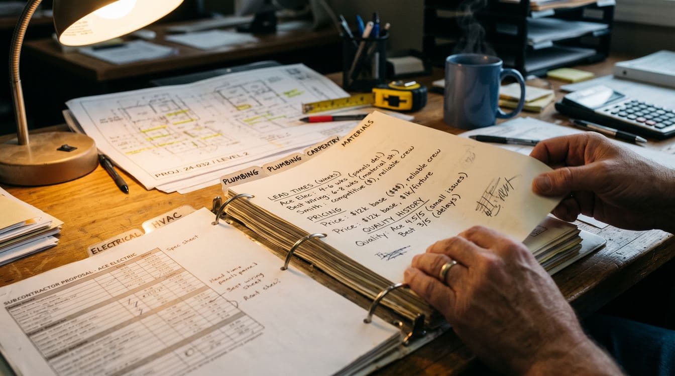 A printed vendor intelligence binder open on a desk next to a laptop showing Bluebeam markups