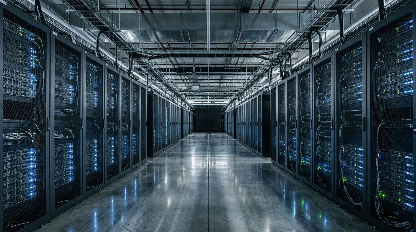 High-density data center server hall with cool blue lighting representing healthcare claims processing infrastructure