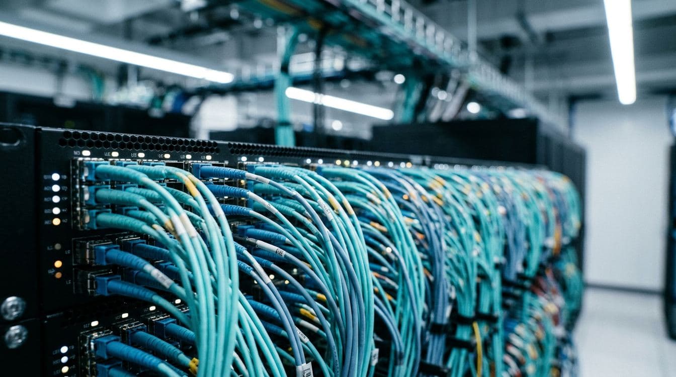 Macro photograph of a network switch core with stacked fiber-optic connections and status LEDs, illustrating clearinghouse claims-processing infrastructure