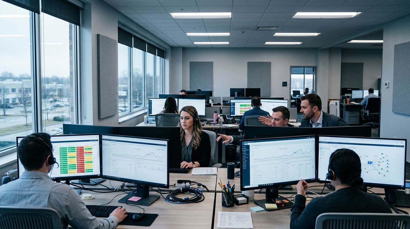Operations control room with banks of monitors showing claims submission and ERA pipeline dashboards in a healthcare RCM facility