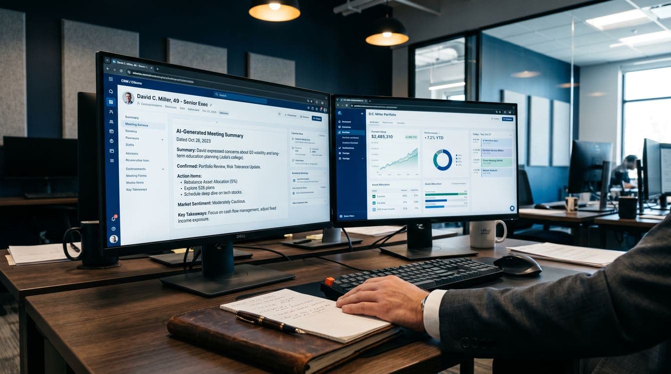 Mid-market RIA advisor at modern desk reviewing client meeting notes with CRM open showing AI-generated summary