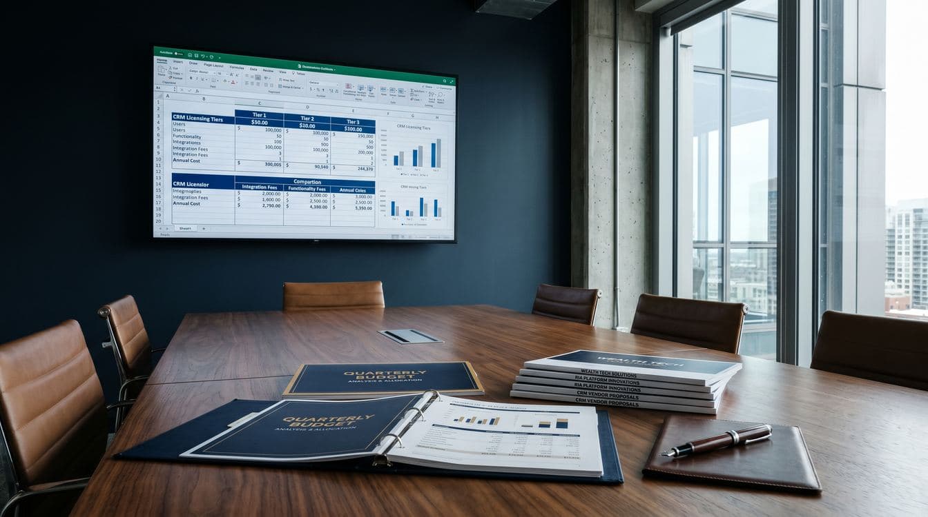 RIA operations team reviewing CRM cost comparison spreadsheet on monitor showing licensing tiers