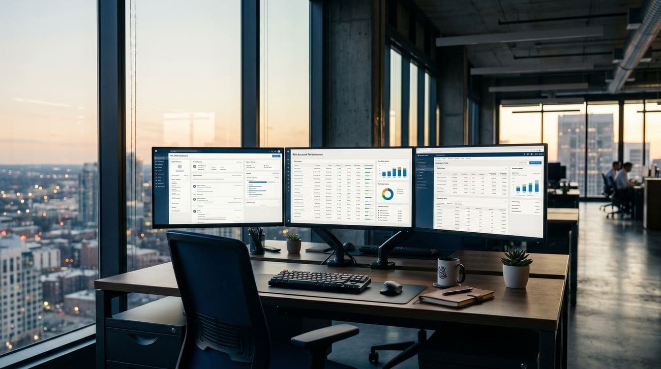 Modern wealth advisory office with three monitors showing a CRM dashboard, client portfolio, and custodian portal side by side