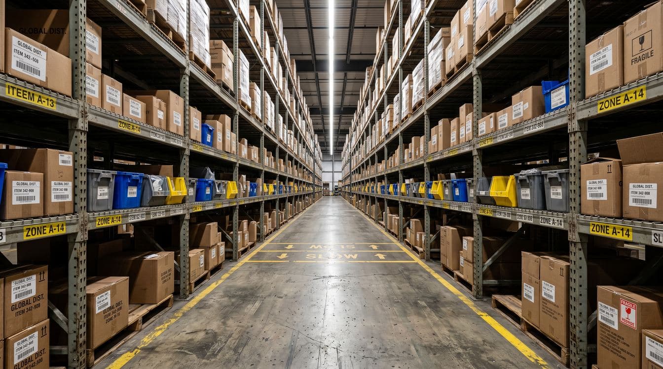 Long warehouse aisle between tall steel racking shelves stacked with labeled boxes in a mid-market distribution center