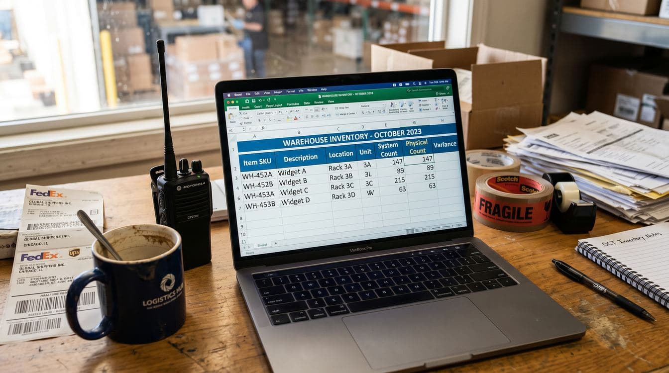 Inventory spreadsheet on a cluttered warehouse office desk with shipping labels and packing tape