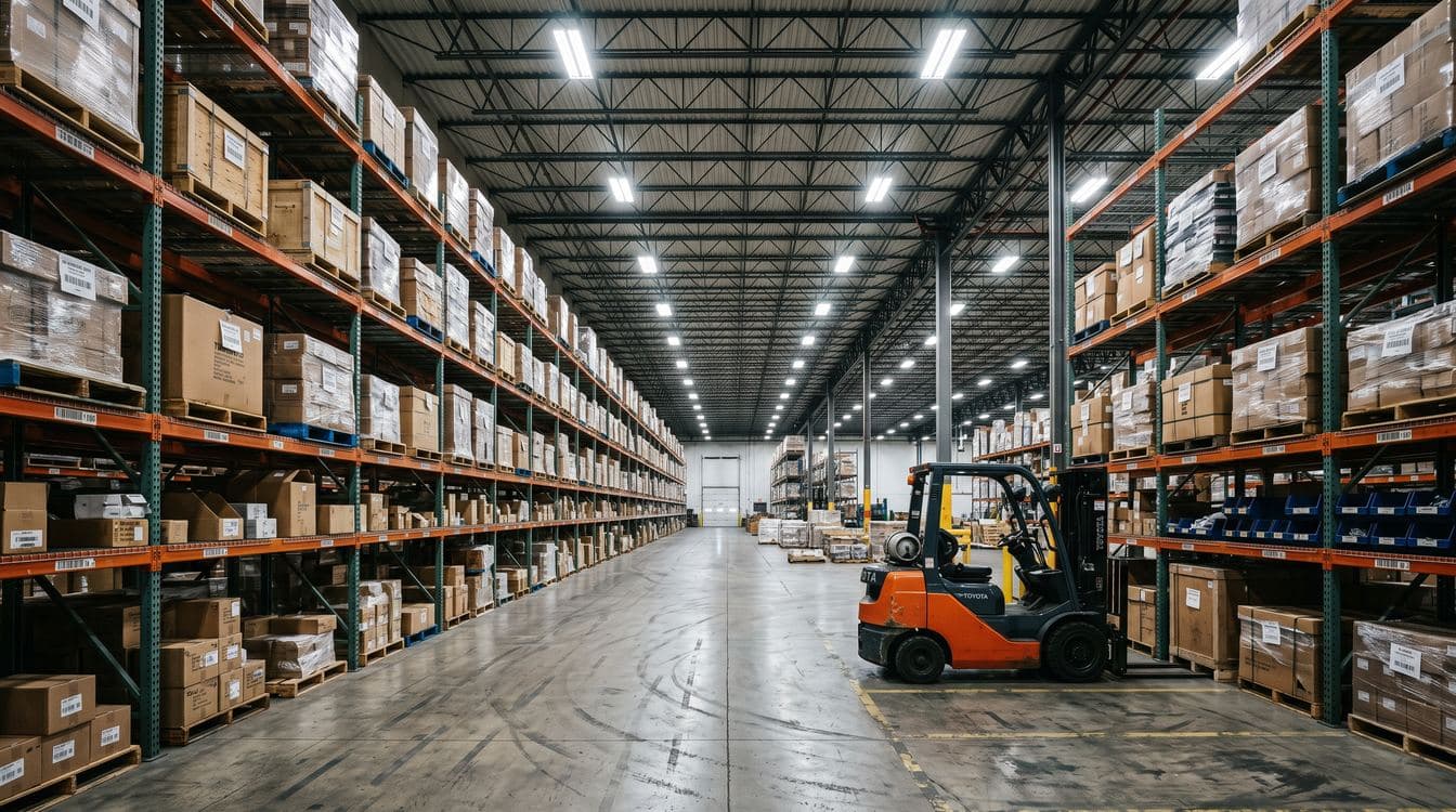Wide shot of a mid-sized industrial warehouse aisle with metal shelving racks stacked with inventory, a parked forklift, and overhead LED lighting illustrating operational scale
