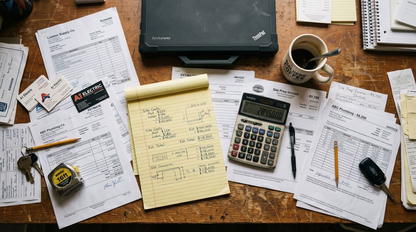 Overhead flat-lay of a contractor desk covered with vendor quotes, invoices, a calculator, coffee mug, and a yellow legal pad with handwritten cost calculations