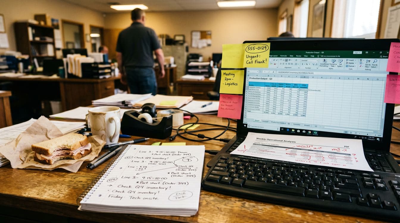 Mid-market plant manager reviewing job tickets next to a laptop showing an AI assistant interface