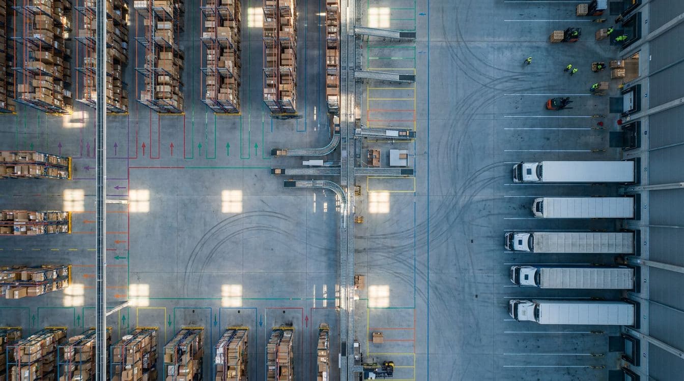 Elevated view of distribution facility floor showing physical workflow paths and handoff stations across staging and pick zones