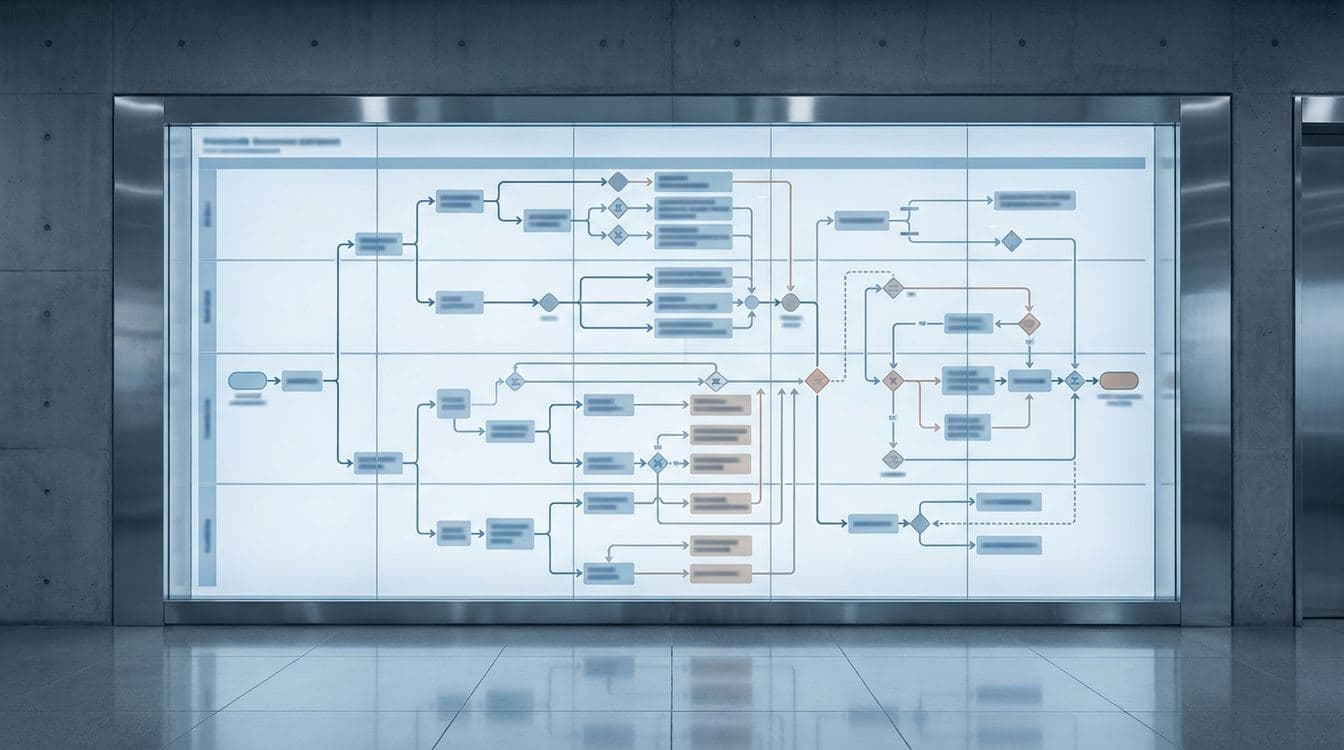 Process flow diagram on modern operations command wall showing decision branches and handoffs, the design work that comes before AI