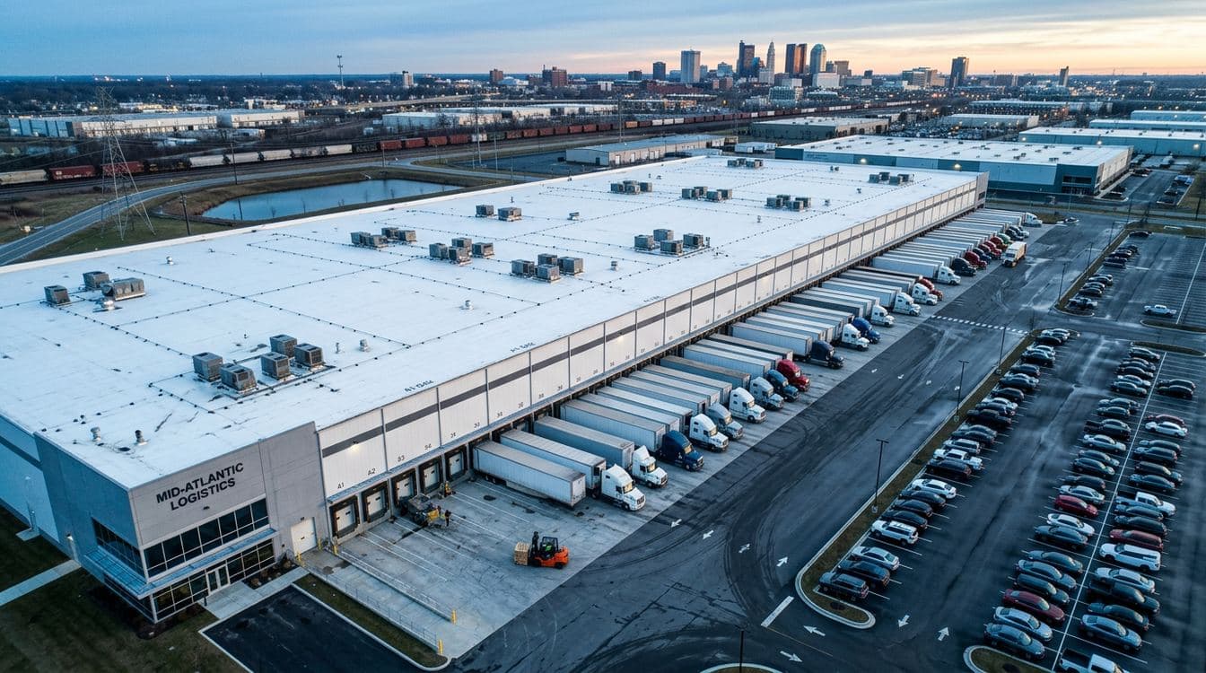Aerial view at dawn of a modern mid-market distribution facility with loading docks, trucks, and rooftop HVAC units, cool blue daylight