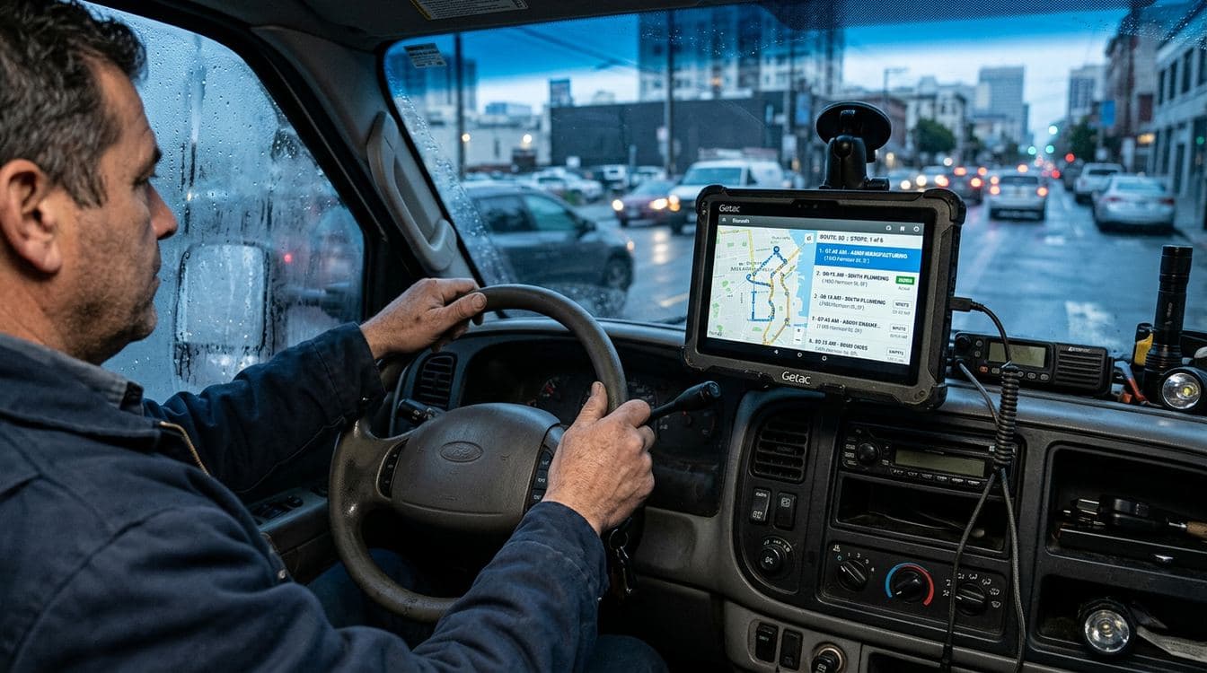 Field service crew cab with a tablet showing a job dispatch interface and route map in cool daylight, ai budget allocation mid market