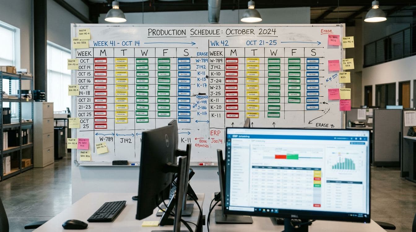 Production scheduling whiteboard with magnetic job tickets and color-coded crew assignments in a real mid market manufacturing office, ai workflow leverage