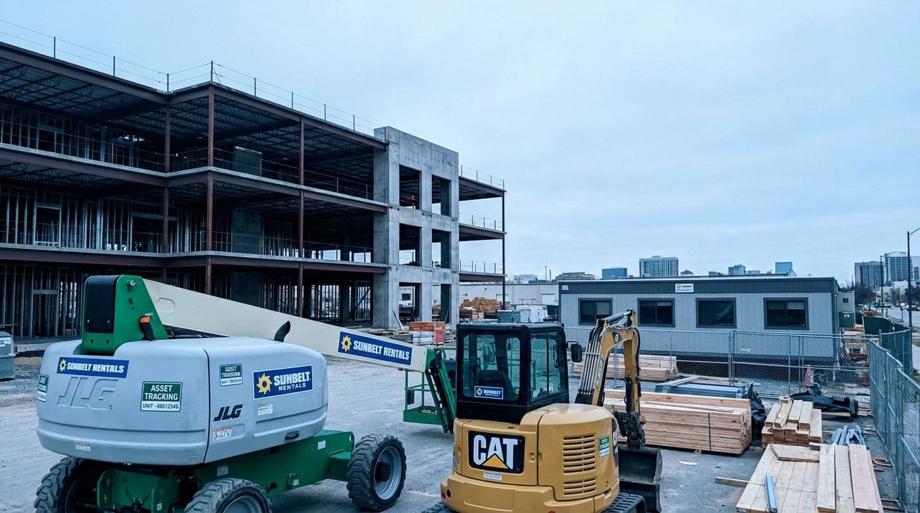 Row of yellow rental construction equipment staged on a contemporary commercial jobsite in cool morning daylight