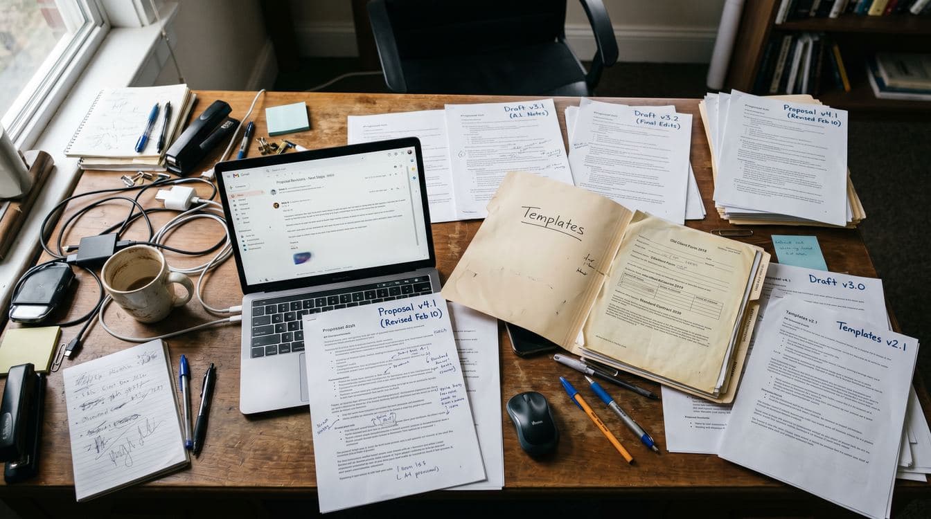 Multiple printed proposal drafts scattered on desk with version numbers, a Templates folder open with old documents inside