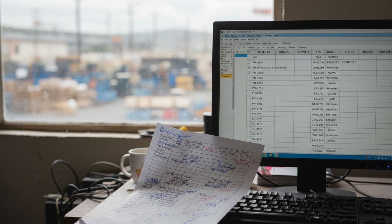 ERP production schedule on screen next to a printed routing sheet with handwritten corrections