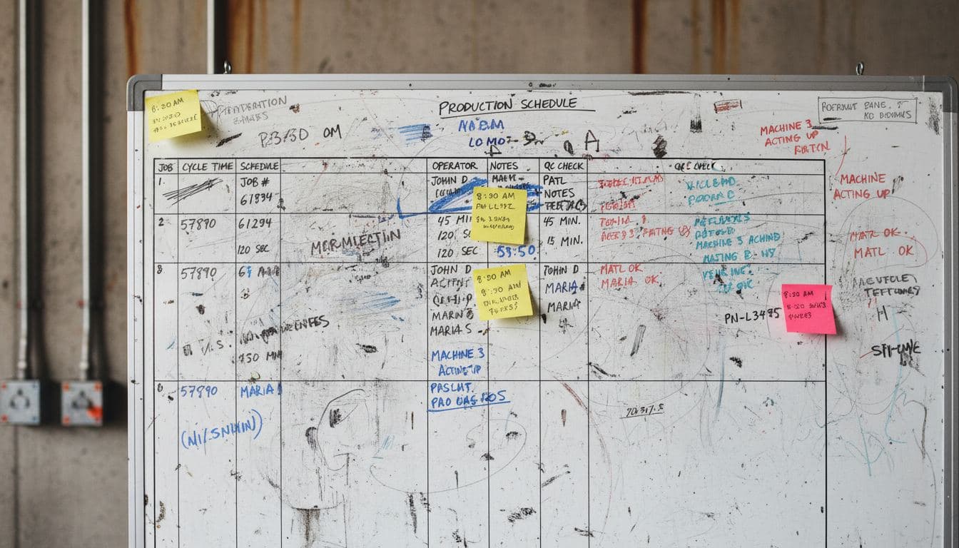 Handwritten production schedule and job numbers on a manufacturing shop floor whiteboard