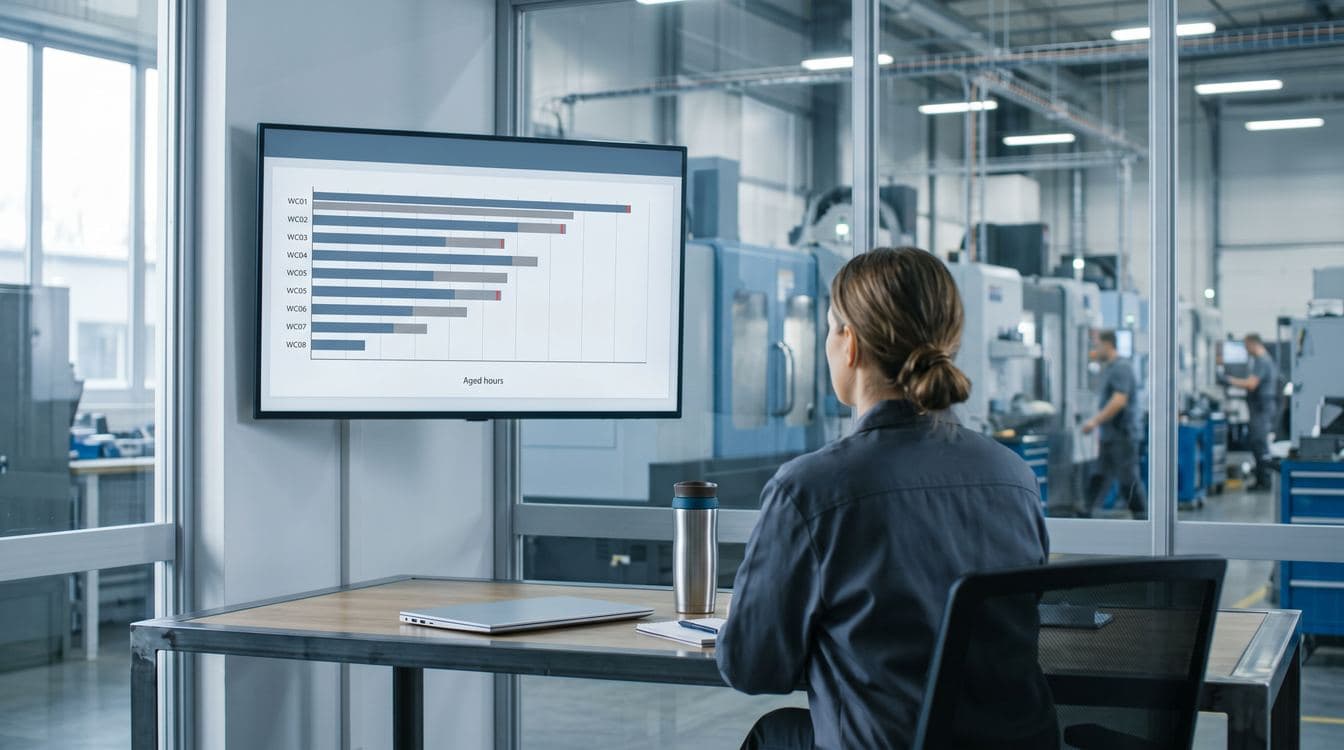 Shop office monitor displaying a simple aged work-in-process dashboard by workcenter for a mid-market manufacturer