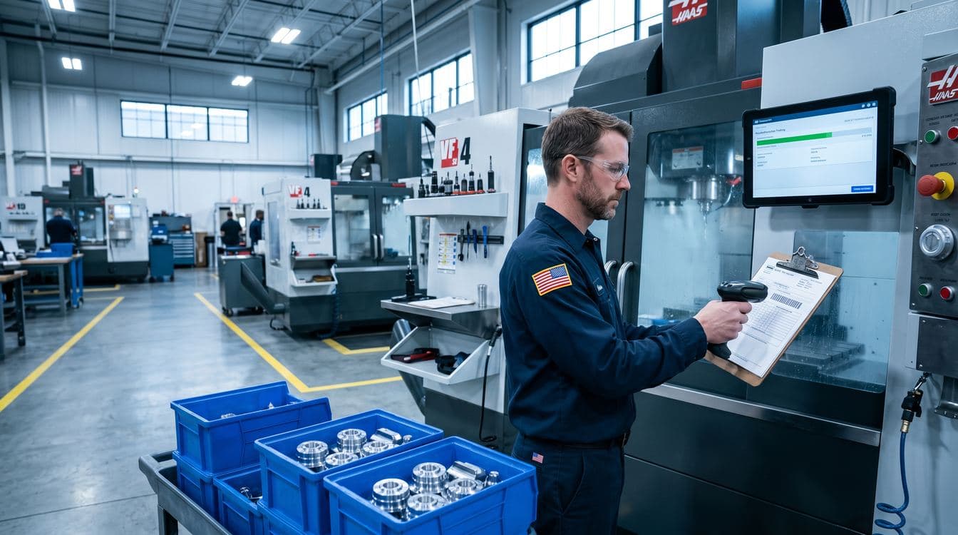 Mid-market machine shop floor with CNC cells, parts in totes labeled with barcoded job travelers, and a wall-mounted tablet at the workcenter for scan-in scan-out