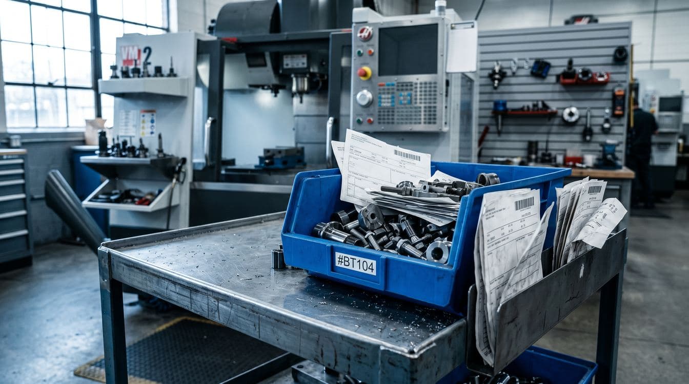 Stack of paper job travelers in a parts tote at a manufacturing workcenter showing the lost WIP visibility problem